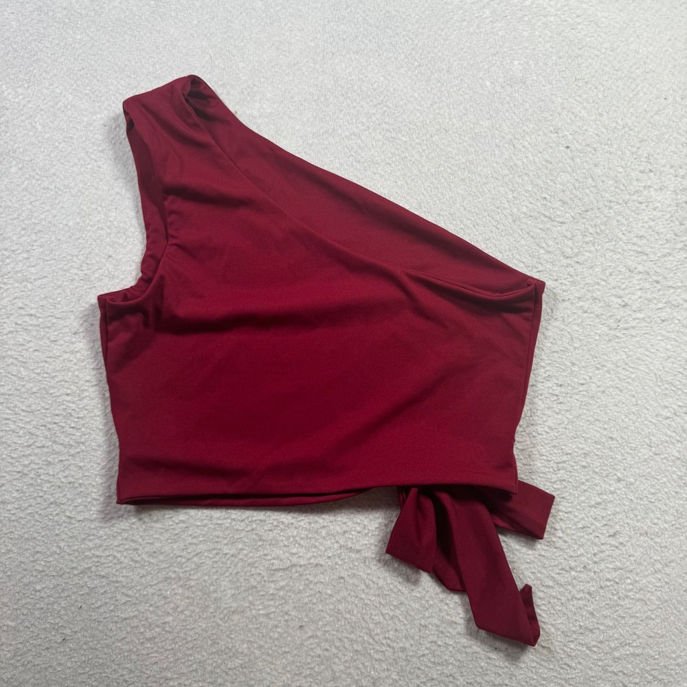 Vestidos One Shoulder Crop Top Womens Large Burgundy Excellent Side Tie Solid
